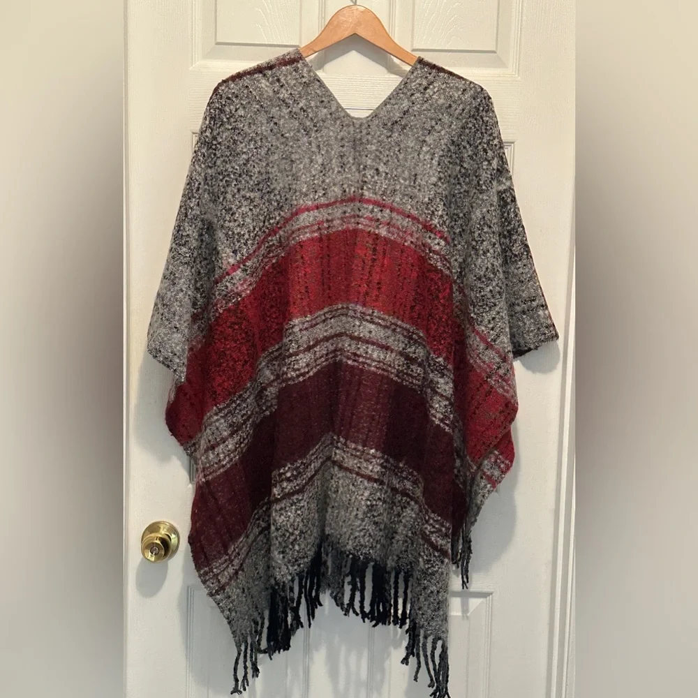 Cejon Black Grey Red Plaid Fringed Poncho Open Front Blanket Wrap Shawl One Size